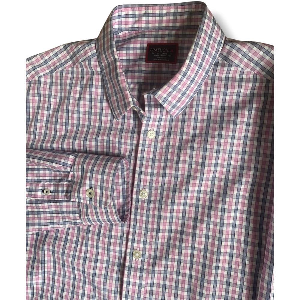 UNTUCKit Mens Medium Slim Fit Wrinkle Free Plaid Button Down Shirt Pink Blue